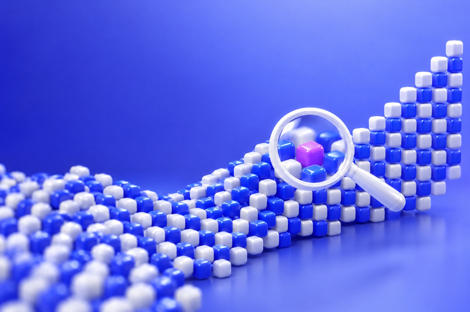 3D illustration of white and blue cubes forming a rising pattern with a magnifying glass over one violet cube