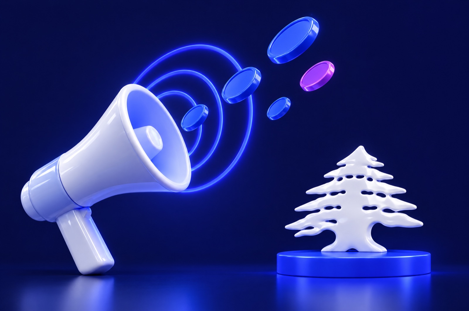 3D illustration of a white megaphone sending out blue rings and coins beside a white Lebanese cedar on a blue podium