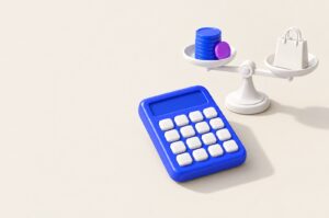 3D illustration of a blue calculator next to a balance scale with coins on one side and a shopping bag on the other