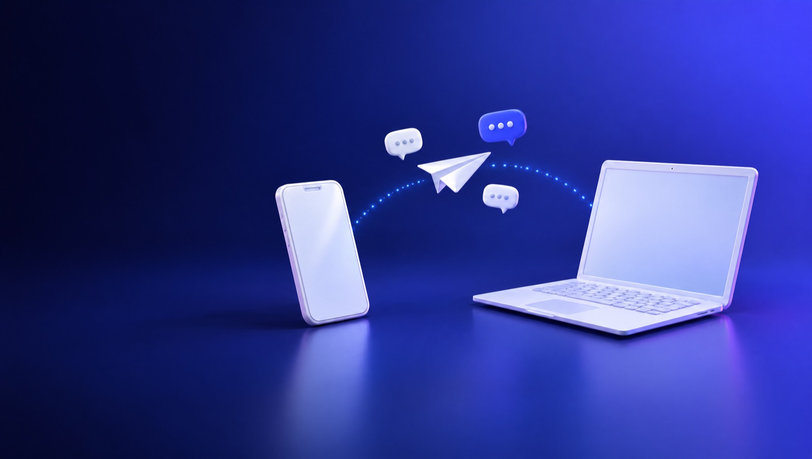 3D illustration of a white paper plane flying from a phone to a laptop with chat bubbles between them
