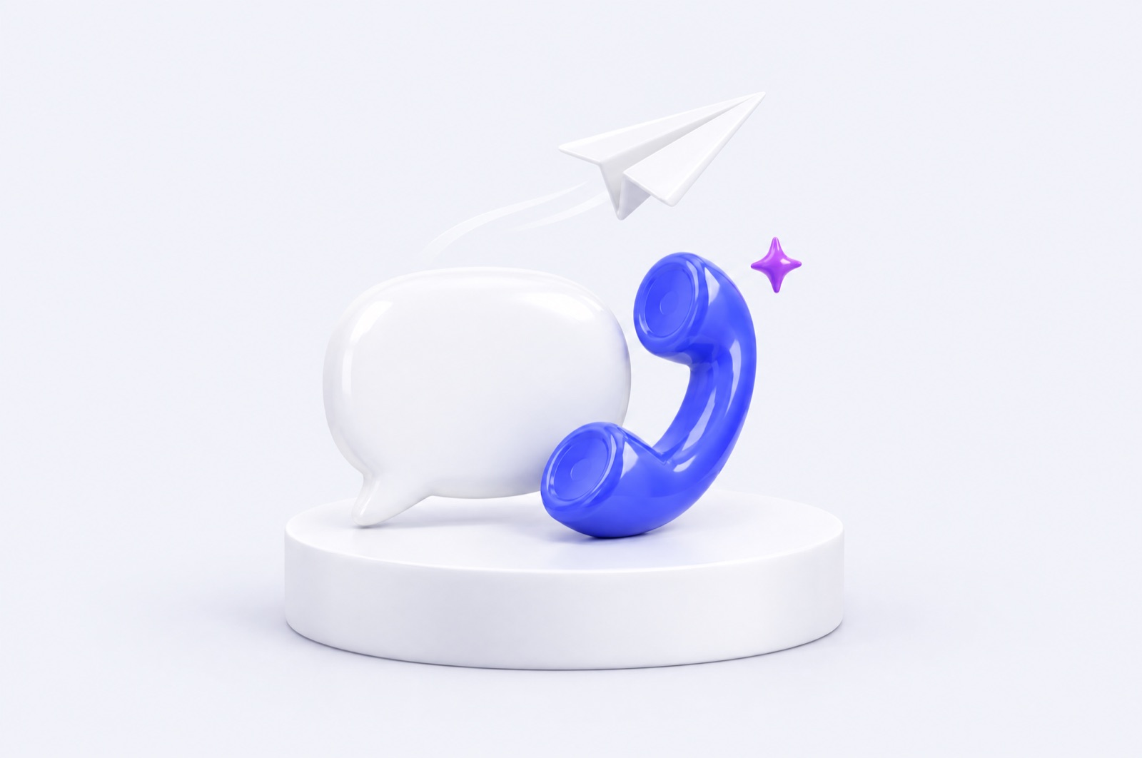 3D illustration of a white chat bubble and a blue phone handset on a podium with a paper plane above