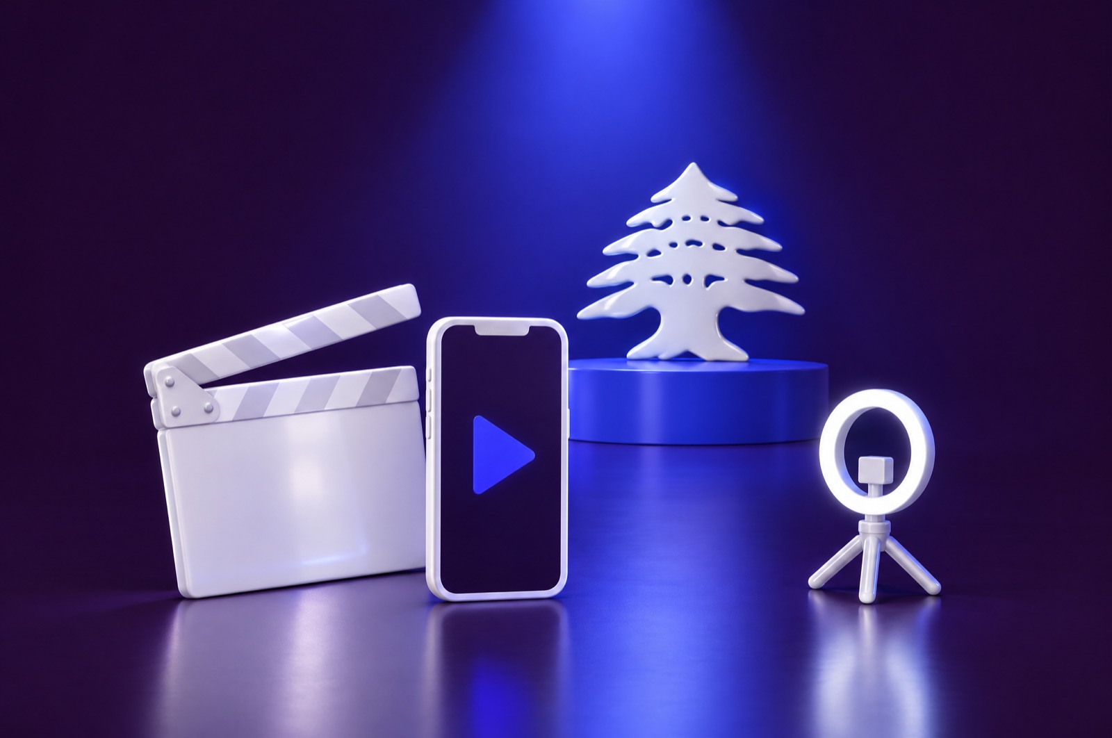 3D illustration of a clapperboard, a phone with a play button and a ring light beside a white Lebanese cedar under a blue spotlight