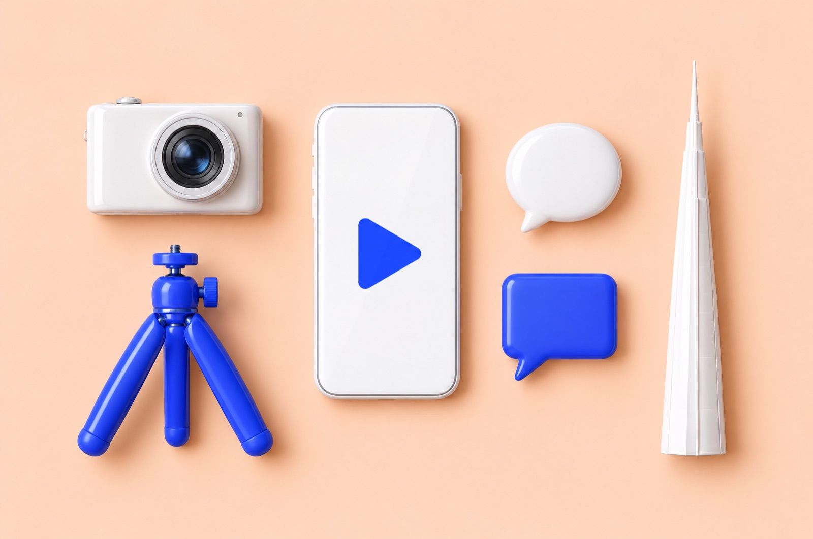 3D flat lay of a phone with a play button, a camera, a blue tripod and speech bubbles beside a slim tower