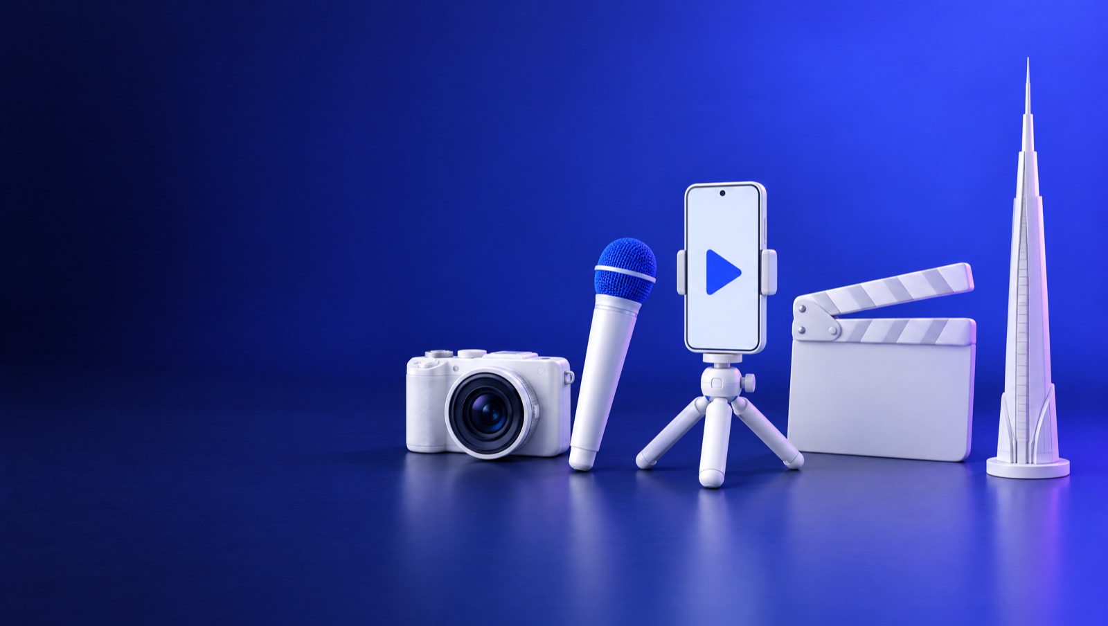 3D illustration of a white camera, a microphone and a vertical phone with a play button beside a slim Dubai-style tower