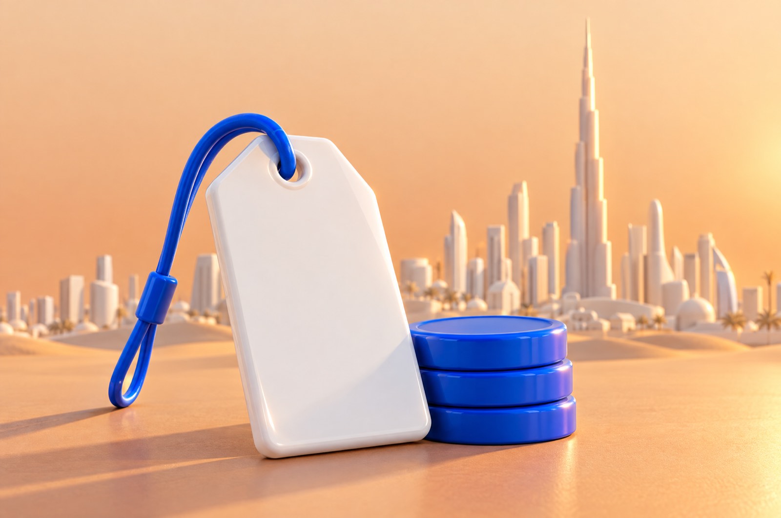 3D illustration of a blank price tag and blue coins in front of the Dubai skyline at golden hour