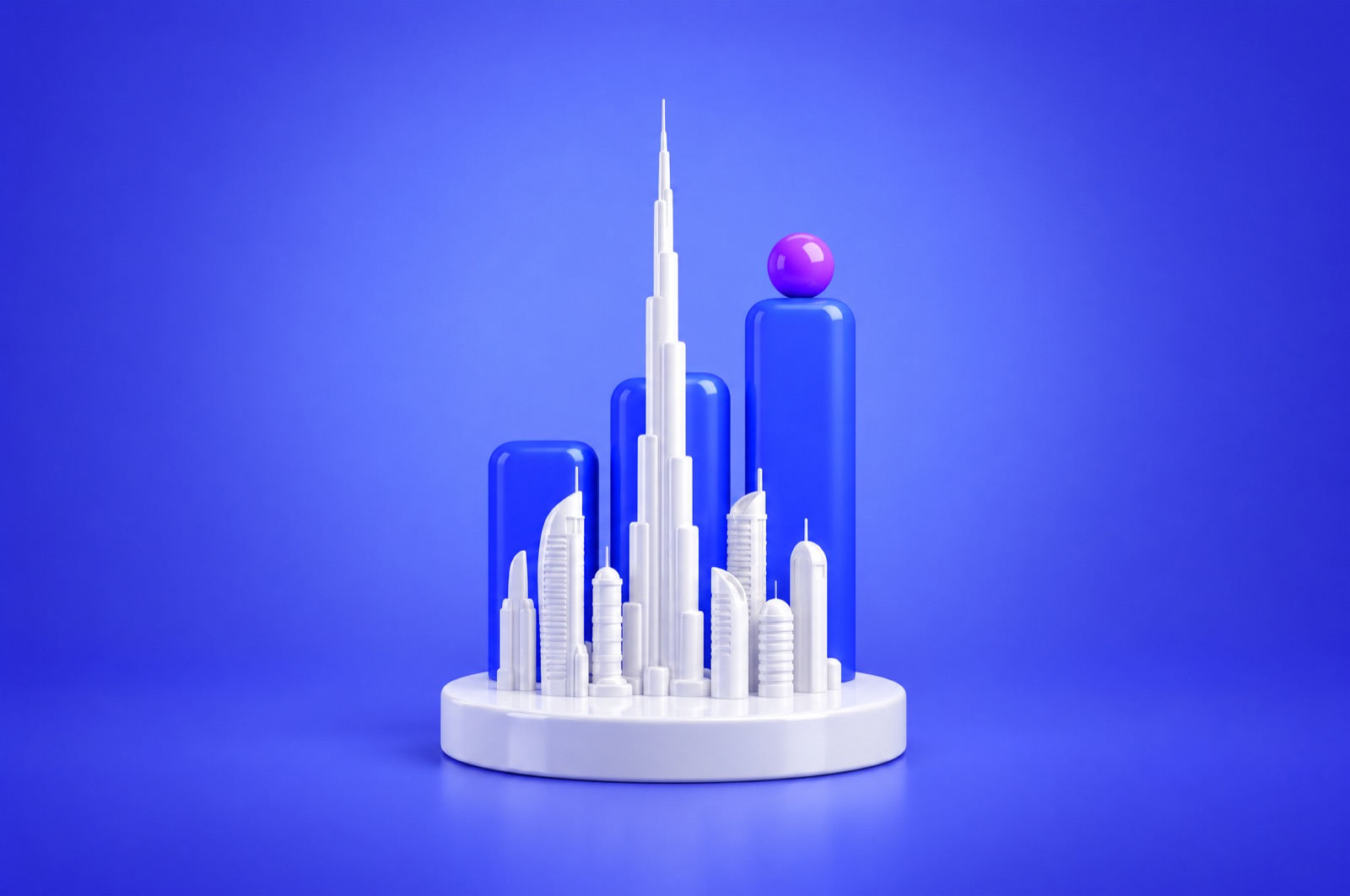 3D illustration of a white miniature Dubai skyline in front of rising blue bar-chart columns