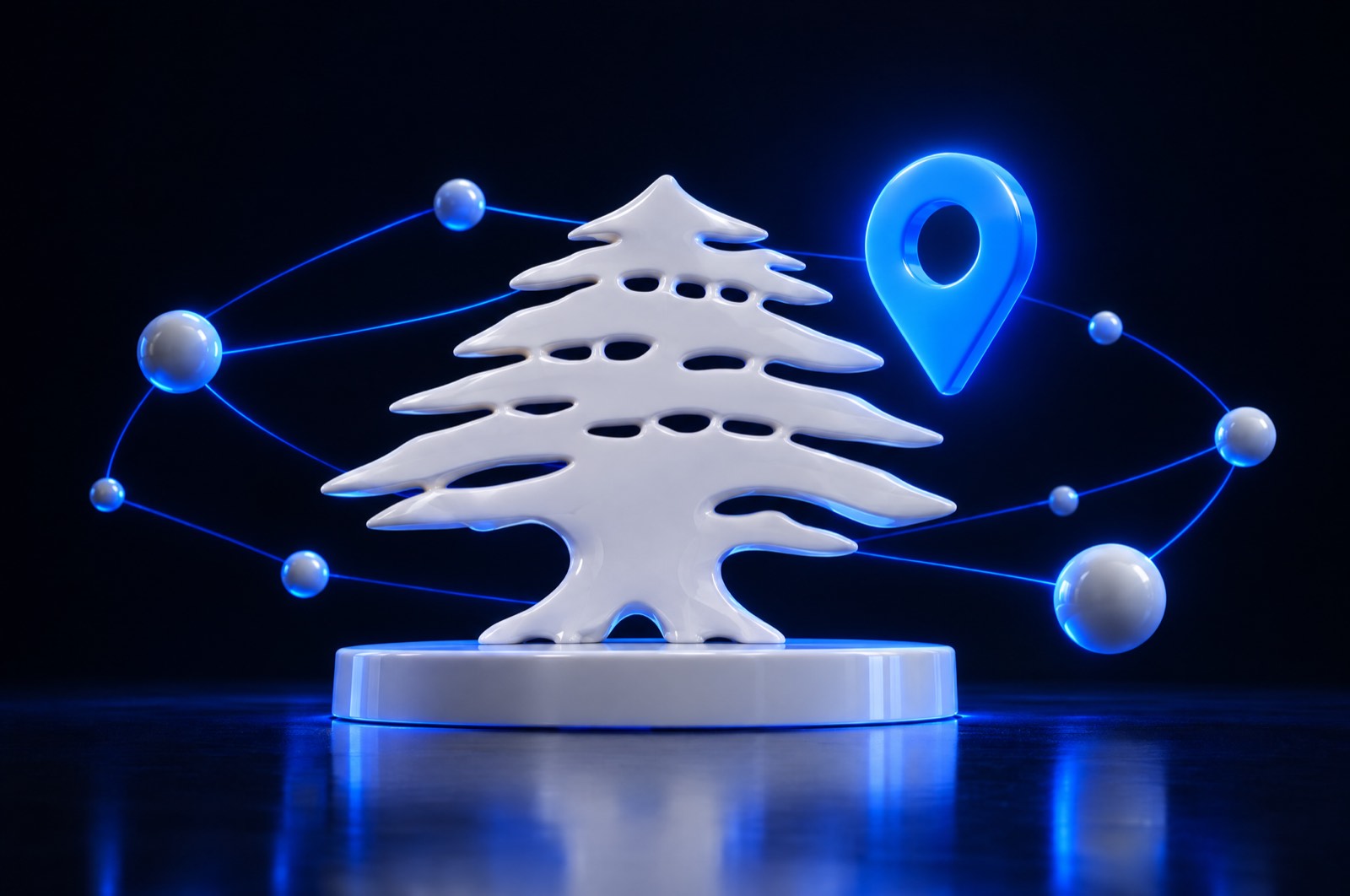 3D illustration of a white Lebanese cedar on a pedestal with a glowing blue location pin and a network of light