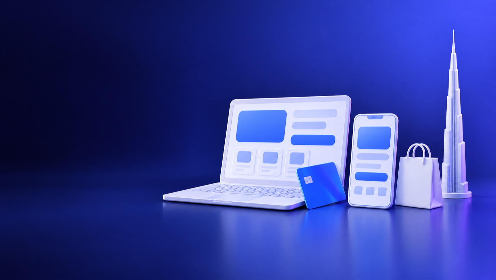 3D illustration of a white laptop and phone showing a checkout, a blue card and a slim Dubai-style tower