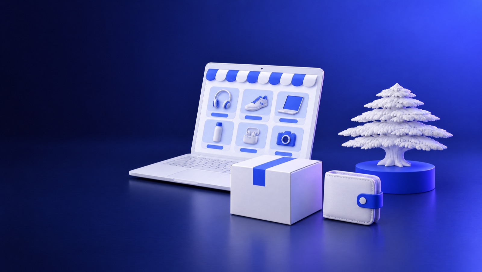 3D illustration of a white laptop showing a shop layout, a parcel with a blue ribbon and a wallet beside a Lebanese cedar