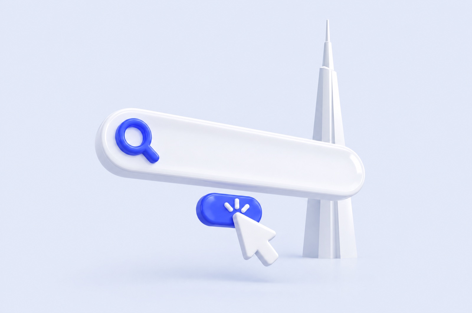3D illustration of a white search bar and a cursor clicking a blue button beside a slim Dubai-style tower