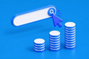 3D illustration of a cursor clicking a search bar beside rising stacks of coins on a sky-blue background