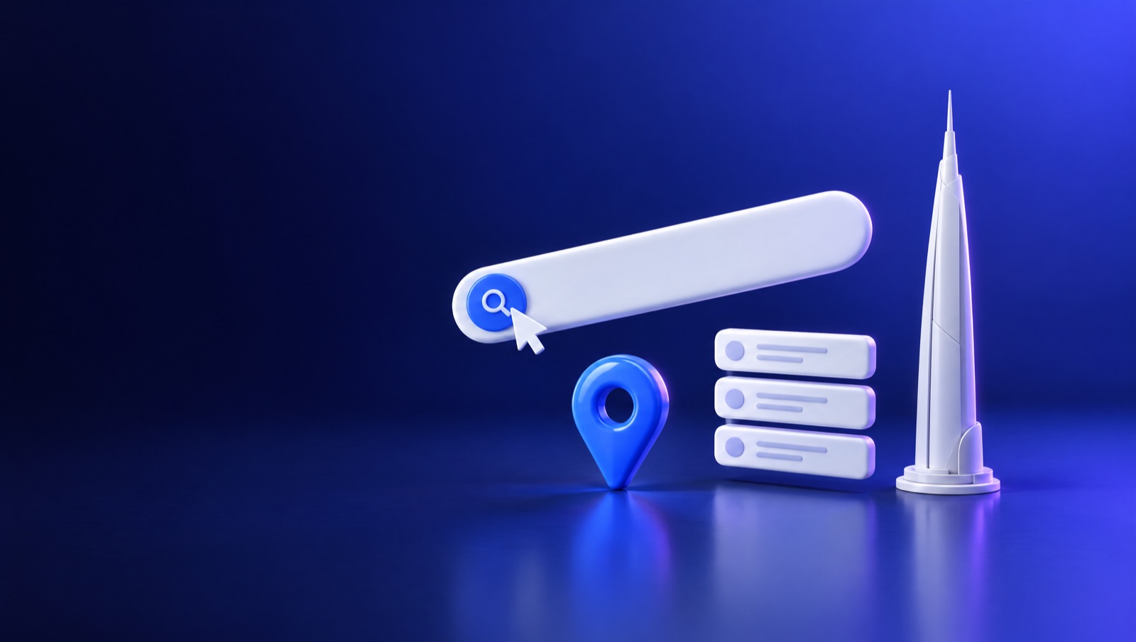 3D illustration of a white search bar with a cursor, a map pin and a slim Dubai-style tower