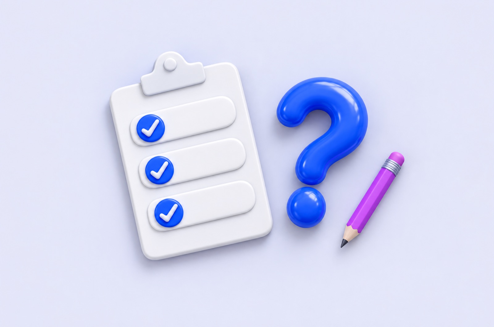 3D illustration of a checklist clipboard with three blue ticks, a blue question mark and a pencil
