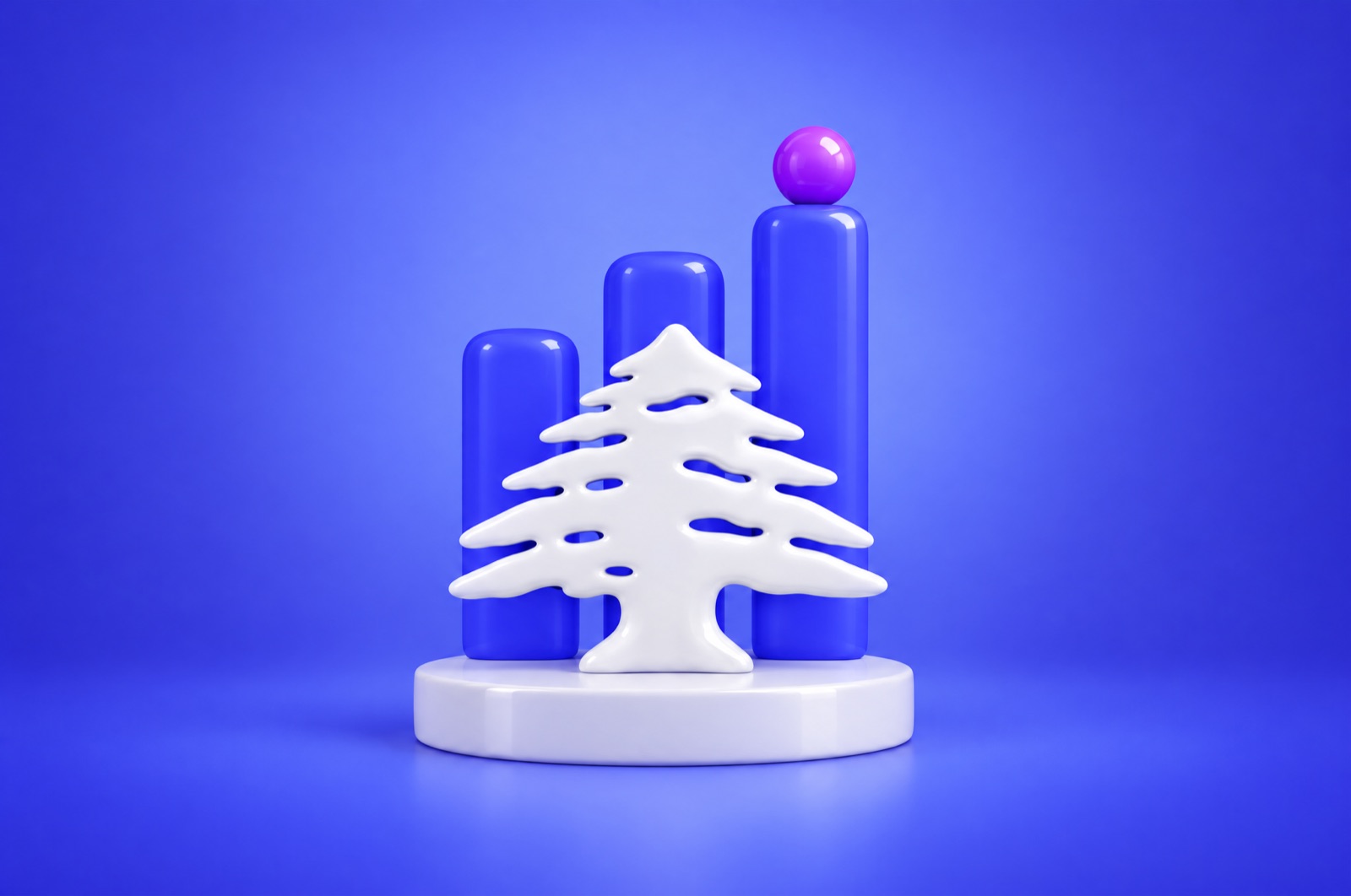 3D illustration of a white Lebanese cedar in front of rising blue bar-chart columns