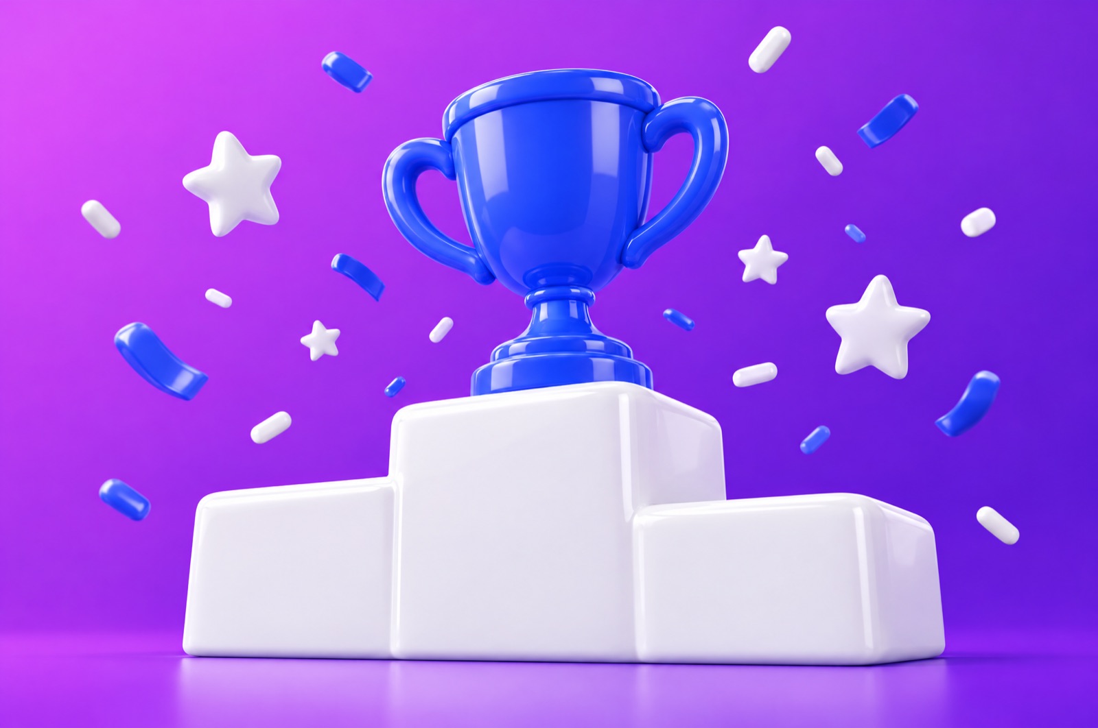 3D illustration of a blue trophy on a white winners' podium with stars and confetti on a violet background