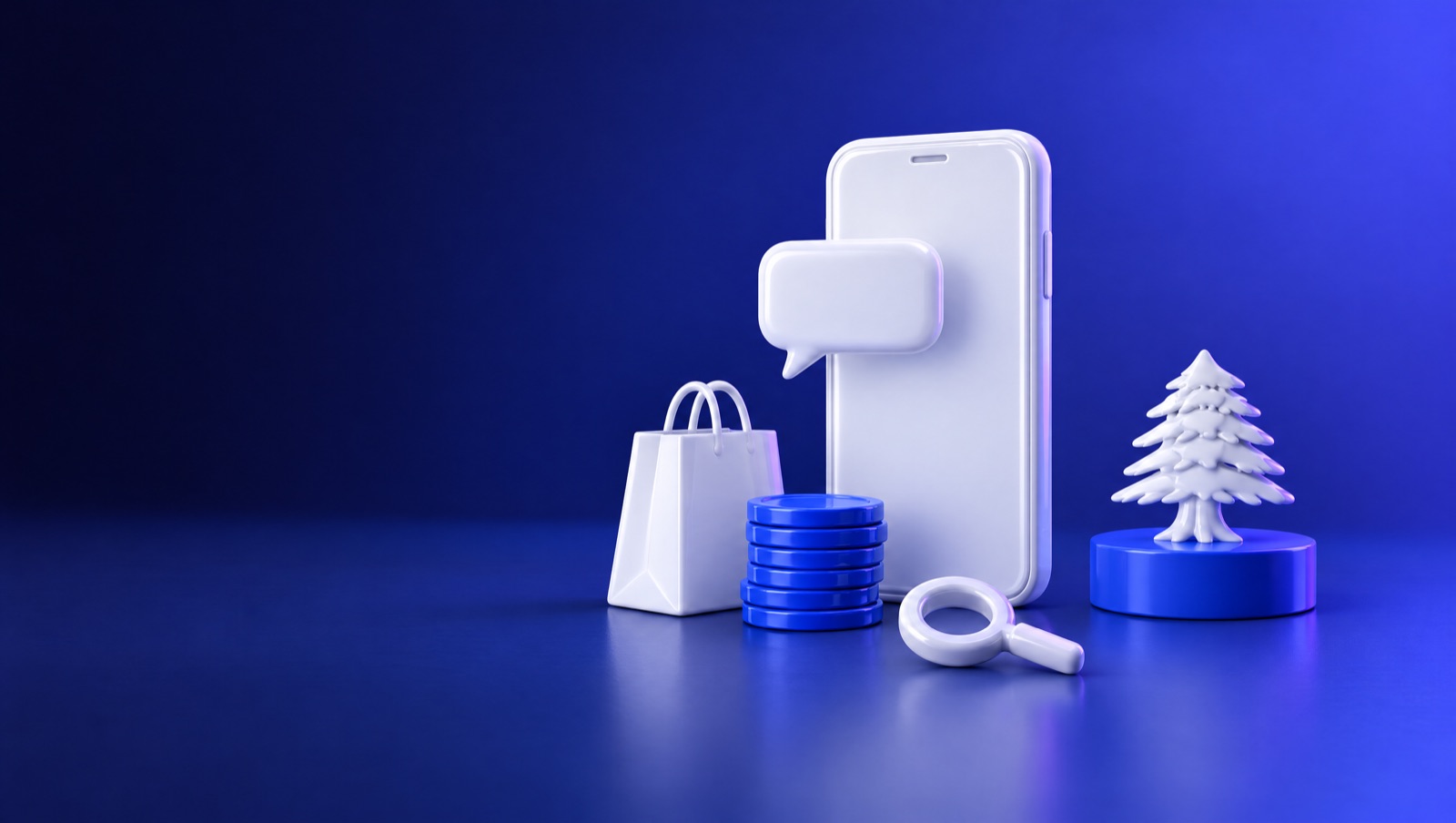 3D illustration of a white smartphone with a chat bubble and a shopping bag, a stack of blue coins and a small Lebanese cedar on a navy stage