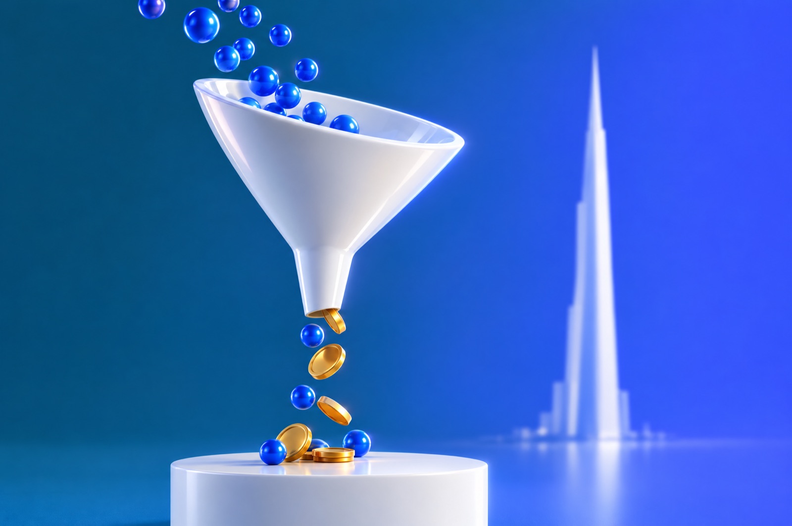 3D illustration of a white funnel turning blue spheres into coins in front of a slim Dubai-style tower