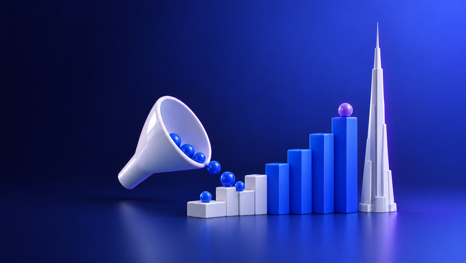3D illustration of a white funnel feeding a rising blue bar chart beside a slim Dubai-style tower