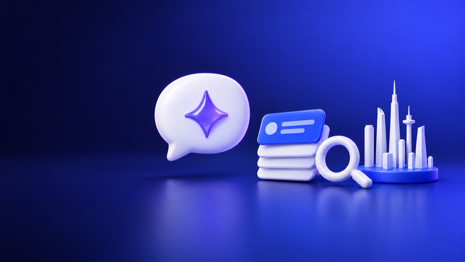 3D illustration of a white chat bubble with a sparkle, stacked result cards and a small skyline