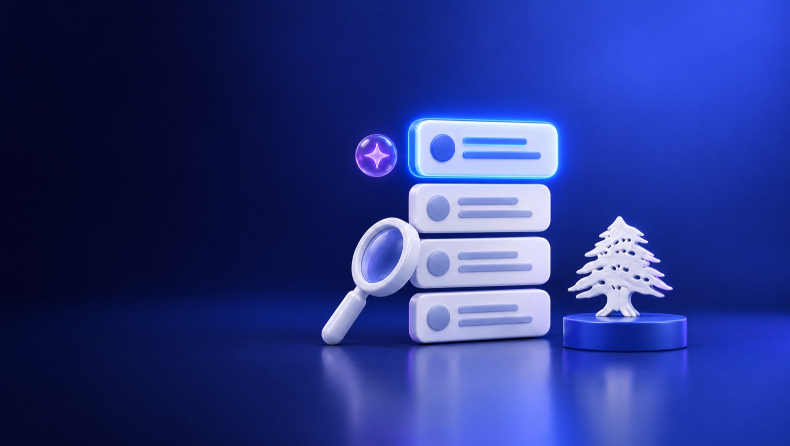 3D illustration of stacked search result cards with a glowing blue top card, a sparkle orb and a Lebanese cedar
