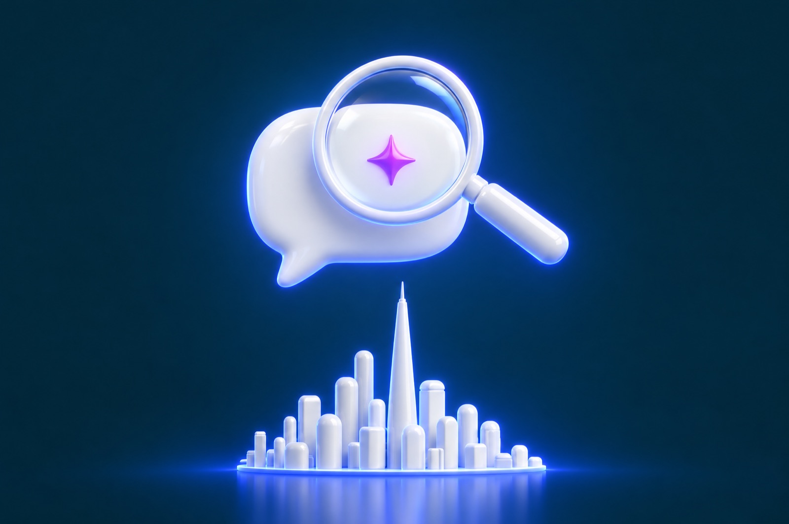 3D illustration of a magnifying glass over a chat bubble with a sparkle, above a miniature white skyline with a slim tower