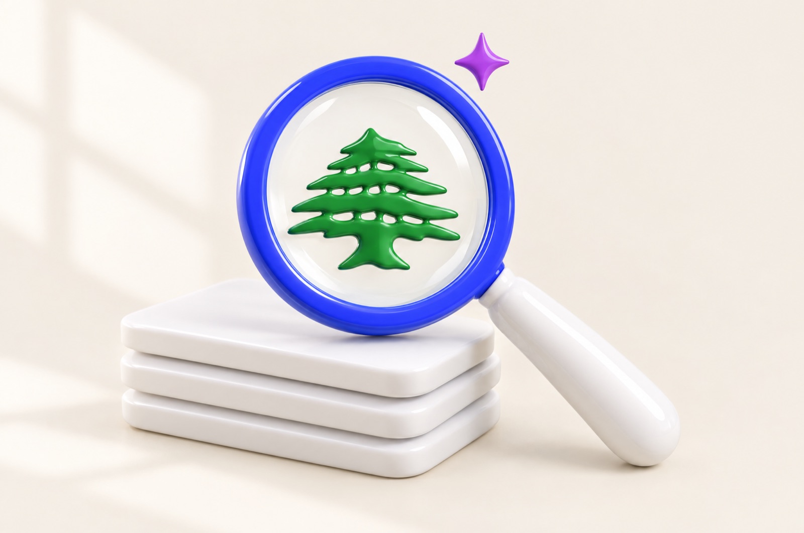 3D illustration of a blue-rimmed magnifying glass over result cards with a Lebanese cedar in the lens