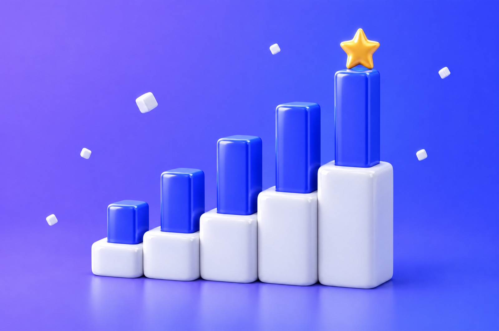3D illustration of white podium steps with rising electric-blue bar columns, the tallest topped with a gold star