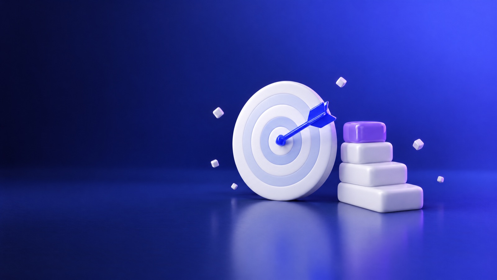 3D illustration of a white target with a blue arrow in the center beside rising white and blue steps