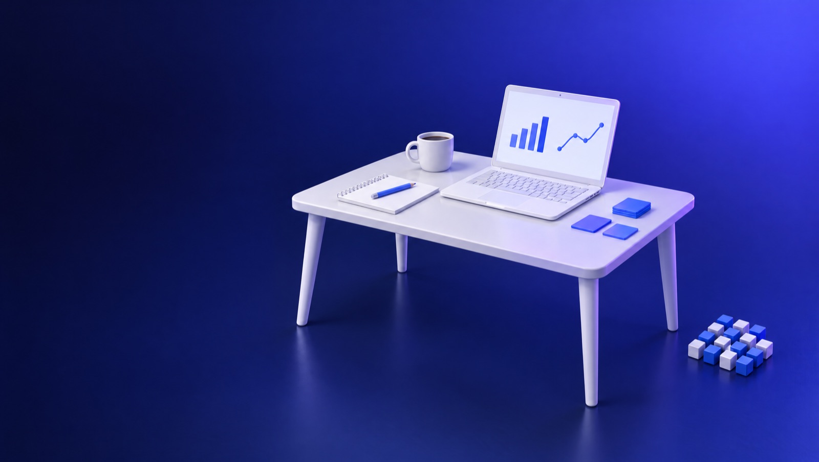3D illustration of a white desk with a laptop showing charts, a notepad, a coffee cup and blue sticky notes