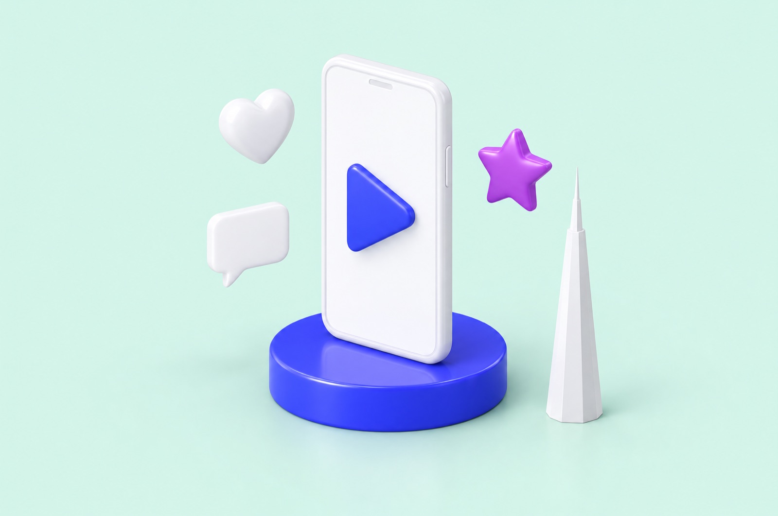 3D illustration of a white smartphone with a play button on a blue podium with a heart, a comment bubble and a star, beside a slim tower