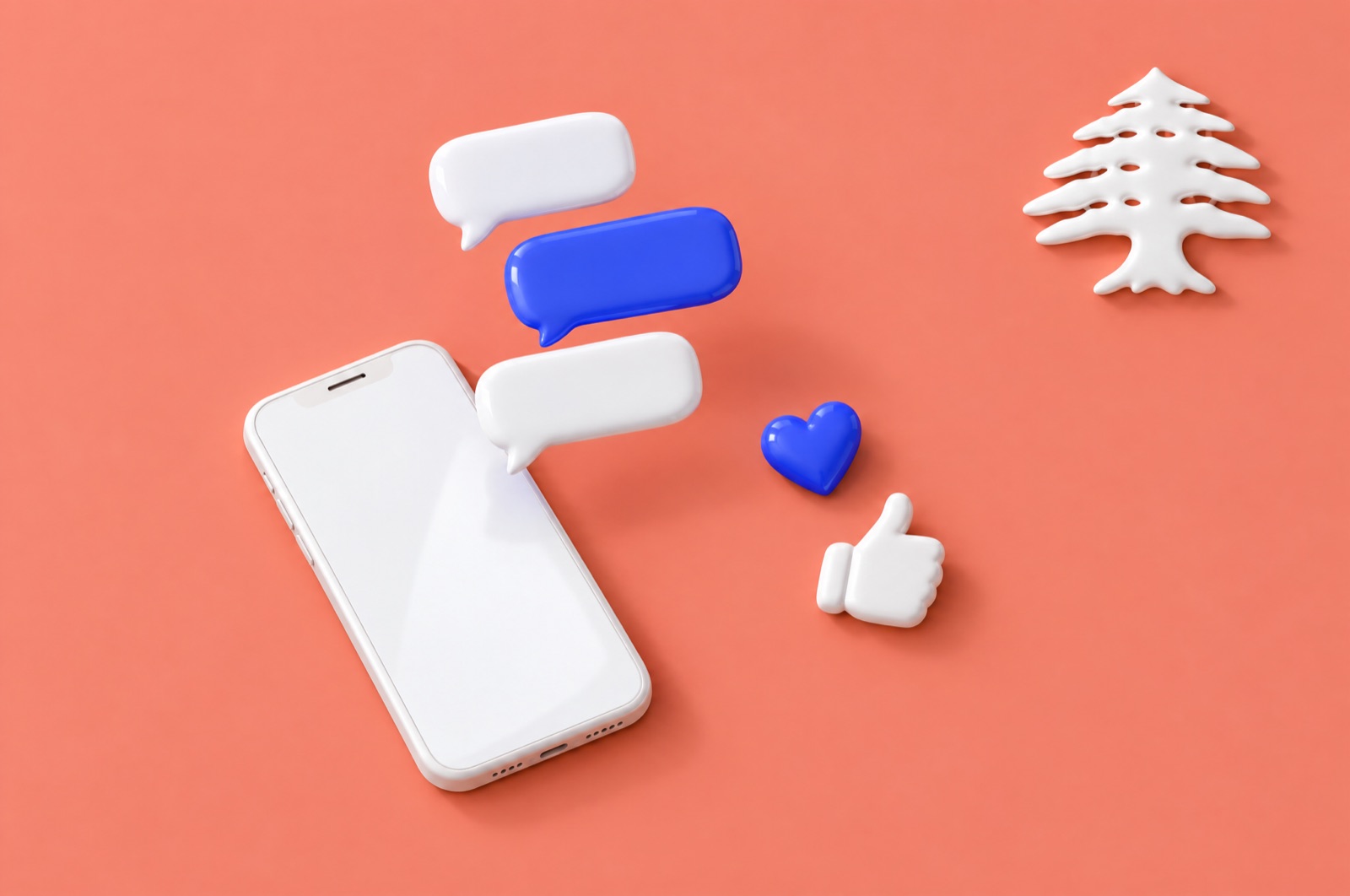 3D illustration of a white smartphone with chat bubbles, a blue heart and a thumbs-up beside a white Lebanese cedar on coral