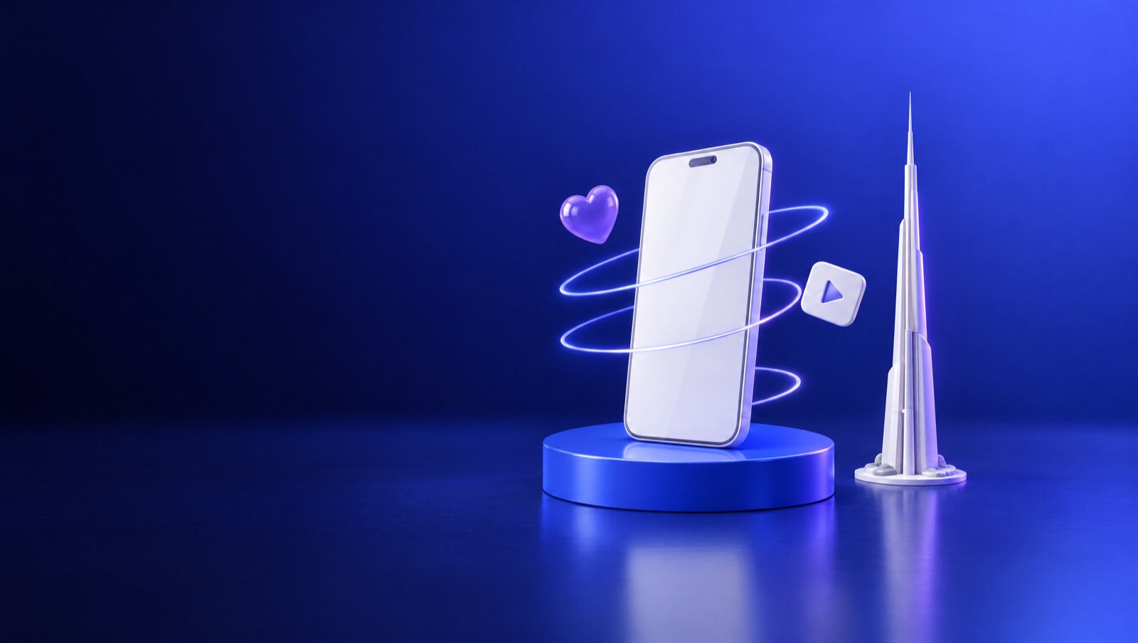 3D illustration of a vertical white phone ringed by story circles, a heart and a play button beside a slim Dubai-style tower