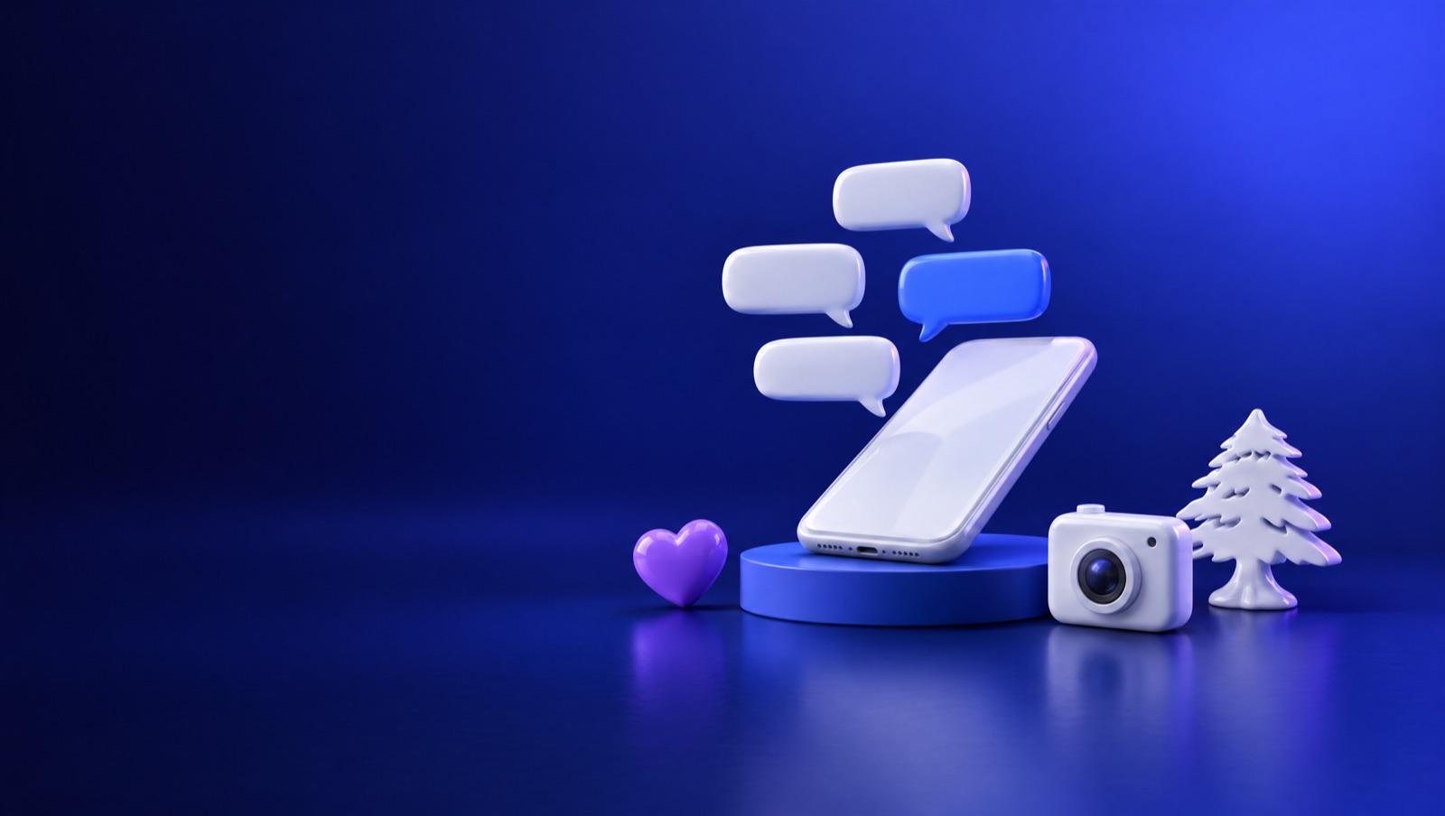 3D illustration of a white phone with floating chat bubbles, a heart and a small camera beside a Lebanese cedar on a navy stage