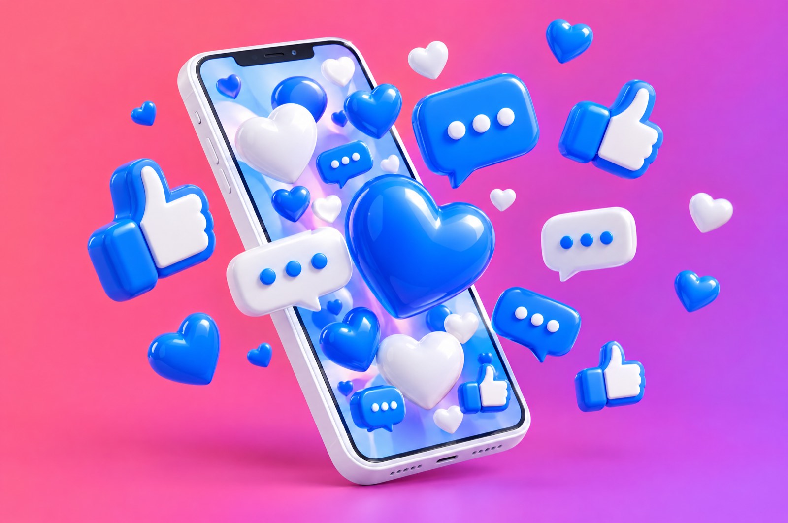 3D illustration of a smartphone with hearts, likes and chat bubbles bursting out on a coral background