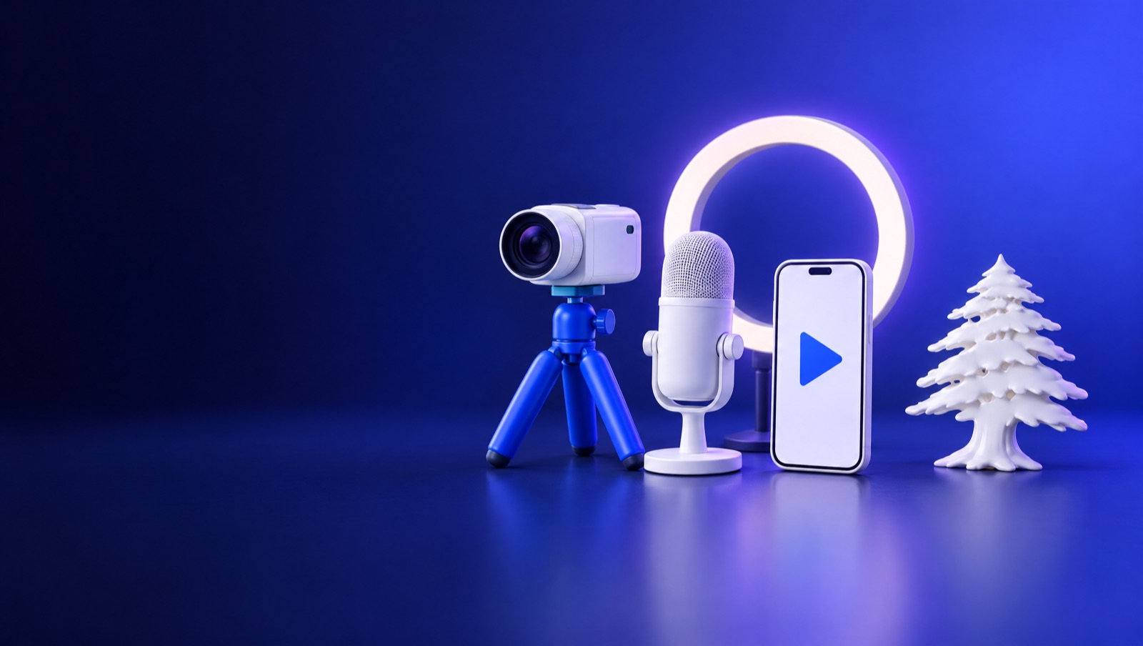 3D illustration of a camera on a tripod, a microphone and a vertical phone with a play button beside a Lebanese cedar
