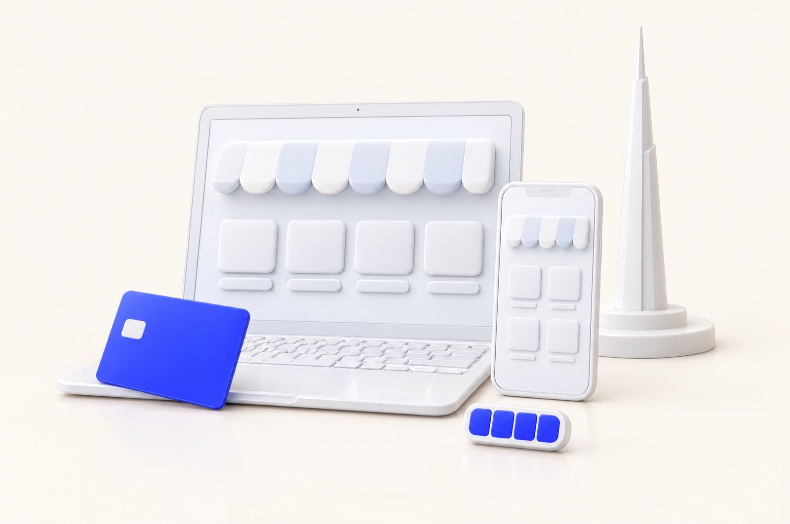 3D illustration of a laptop and phone showing a storefront, a blue card and a pay-in-four token, with a slim tower behind