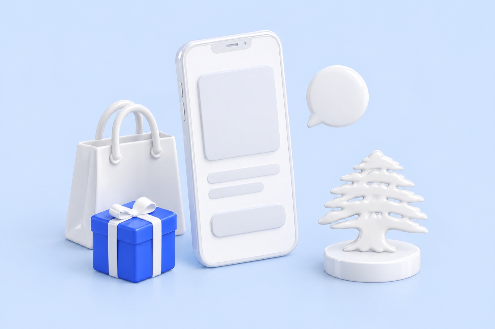 3D illustration of a white smartphone with a product card, a shopping bag, a blue parcel and a white Lebanese cedar