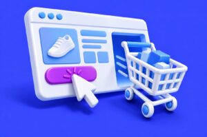 3D illustration of an online store page with a cursor clicking the buy button and a full shopping cart